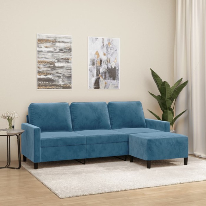 vidaXL Canapea cu 3 locuri și taburet, albastru, 180 cm, catifea 3201064
