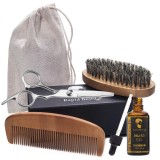 Kit profesional pentru ingrijirea barbii, set complet cu ulei hidratant, pieptene si perie din lemn, foarfeca din otel inoxidabil, sac de depozitare