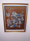 Cumpara ieftin Sami Briss (n.1930 Iasi)&quot;Pasari calatoare&quot;, cromolitografie, autentica, 71x55 cm, Grisaille, Avangardism