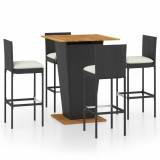 Set mobilier bar de grădină cu perne, 5 piese, negru, poliratan, vidaXL