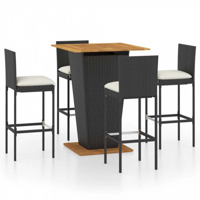 Set mobilier bar de grădină cu perne, 5 piese, negru, poliratan