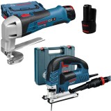 Bosch GSC 12V-13 + GST 150 BCE - Masina de taiat tabla cu 2 acumulatori Li-Ion 12 V 2 Ah 1.3 mm valiza speciala + Fierastrau pendular 780 W valiza pla