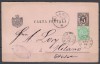 ROMANIA 1890 INTREG POSTAL CARTE POSTALA 5 BANI NEGRU FRANCAT CU 5 BANI VERDE CIFRA IN PATRU COLTURI CIRCULAT BUCURESTI-MILANO, Stampilat