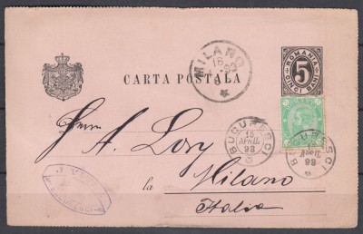 ROMANIA 1890 INTREG POSTAL CARTE POSTALA 5 BANI NEGRU FRANCAT CU 5 BANI VERDE CIFRA IN PATRU COLTURI CIRCULAT BUCURESTI-MILANO foto