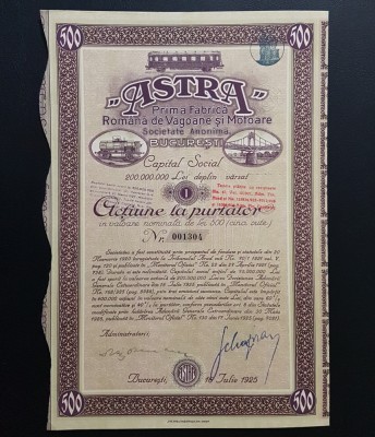 Actiune 1925 ASTRA , fabrica de vagoane si motoare , actiuni , titlu la purtator foto