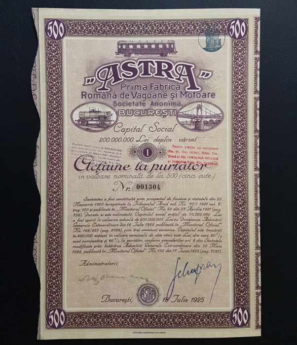 Actiune 1925 ASTRA , fabrica de vagoane si motoare , actiuni , titlu la purtator