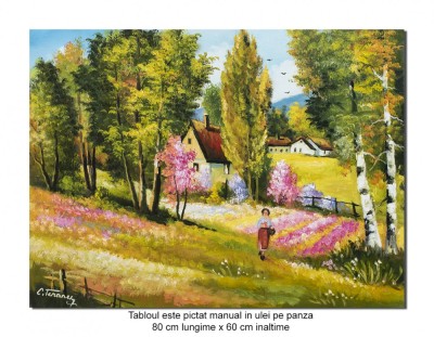 Tablou peisaj pictat manual, Amintiri din copilarie, 80x60cm ulei pe panza, gata de agatat pe perete foto