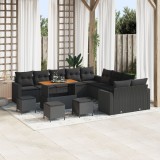 Set de sofa pentru gradina Gossi cu 13 piese si perne poliratan negru acacia, set de mese de gradina Gossi cu 3 piese si perne poliratan negru acacia