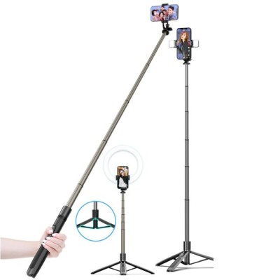 Selfie Stick cu Trepied si Telecomanda, 156cm - Techsuit (Q06) - Black foto