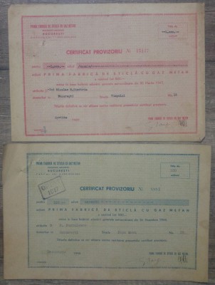 Lot 2 certificate provizorii Prima Fabrica de Sticla cu Gaz Metan, Bucuresti foto