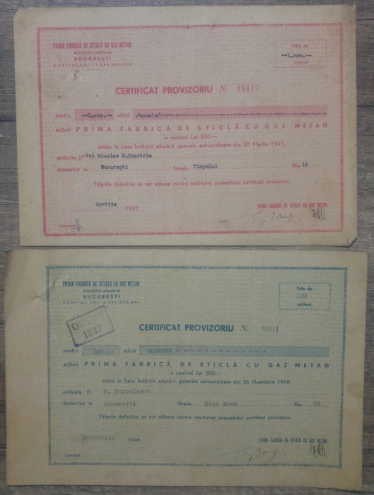 Lot 2 certificate provizorii Prima Fabrica de Sticla cu Gaz Metan, Bucuresti