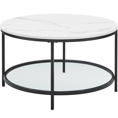VASAGLE Masa de cafea rotunda cu blat din imitatie de marmura, polita suplimentara din sticla, 80x45cm, alb si negru Household NewTrend foto