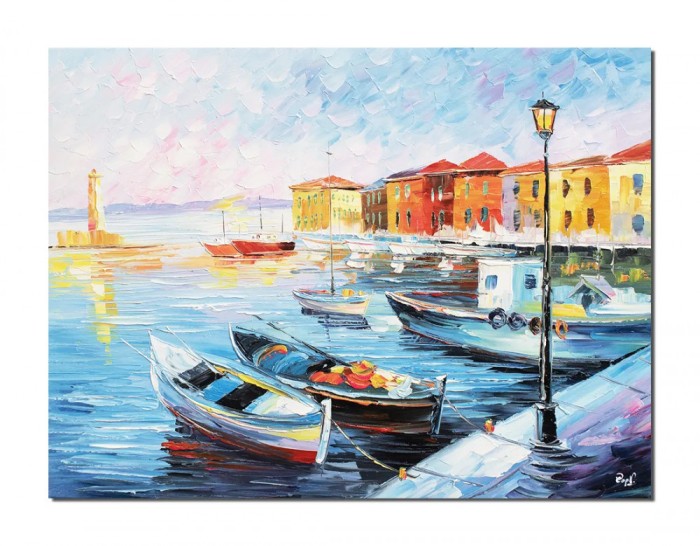 Tablou 3D pictat manual, Mic port, 80x60cm ulei pe panza de in, gata de expus pe perete