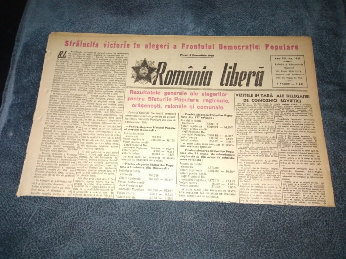 ZIARUL ROMANIA LIBERA 8 DECEMBRIE 1950 REZULTATE ALEGERI