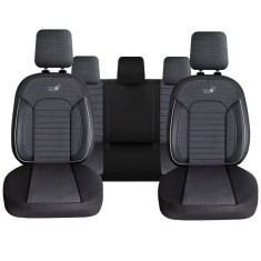 Set Huse Scaune Auto pentru Volvo V60 - Panda Belek, material textil cu piele ecologica, cu fermoare pentru bancheta rabatabila, gri cu negru, 11 pies