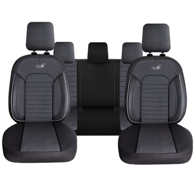 Set Huse Scaune Auto pentru Skoda Scala - Panda Belek, material textil cu piele ecologica, cu fermoare pentru bancheta rabatabila, gri cu negru, 11 pi foto