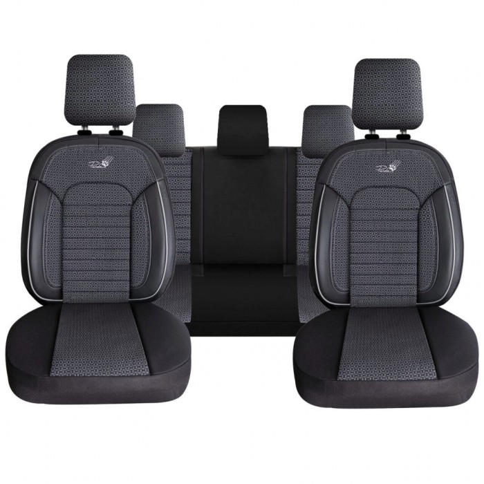 Set Huse Scaune Auto pentru Skoda Scala - Panda Belek, material textil cu piele ecologica, cu fermoare pentru bancheta rabatabila, gri cu negru, 11 pi
