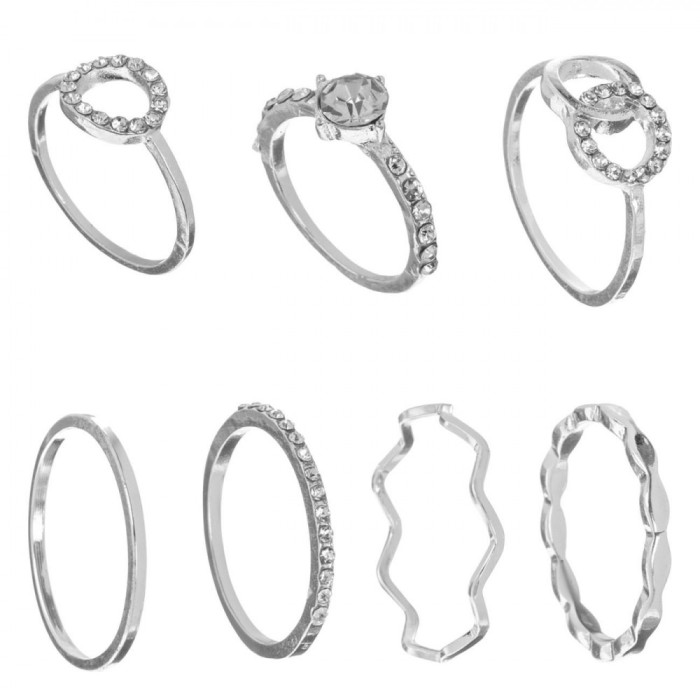 Set Inele Verighete, Language of Jewels, Model cu Stras, Culoare Argintie, 7 Bucăți