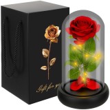 Trandafir criogenat, cupola de sticla, LED-uri cu lumina alb calda, cutie cu maner, 21 x 11 cm