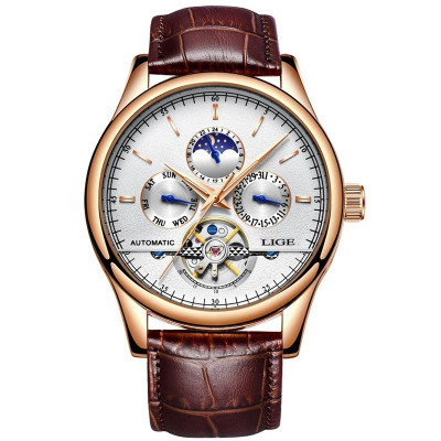 Ceas barbatesc Lige Mecanic Automatic Curea piele Maro Mecanism Tourbillion Data foto