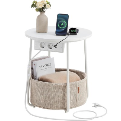 VASAGLE Masuta de cafea rotunda cu cos de stofa, statie de incarcare 2 prize si 2 USB, 45x50cm, alb Household NewTrend foto