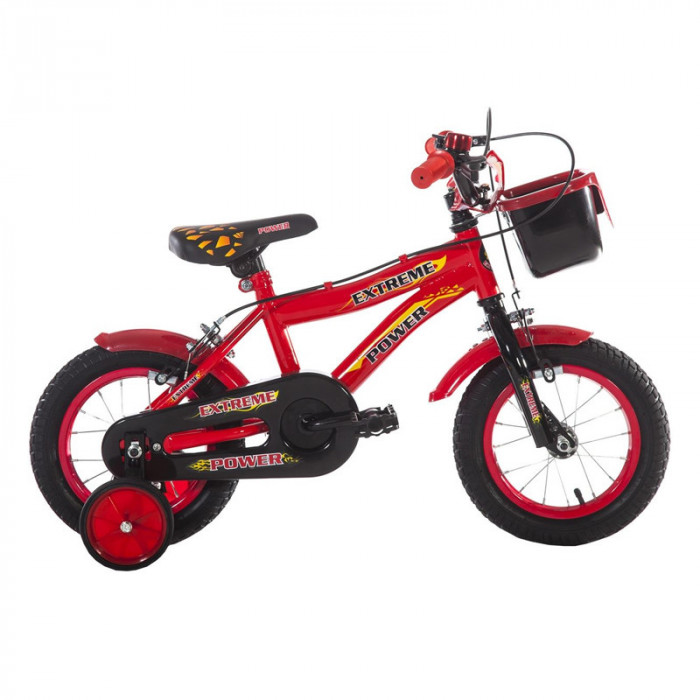 Bicicleta baieti cu roti ajutatoare Extreme Power, 12 inch, 2-5 ani, Negru/Rosu