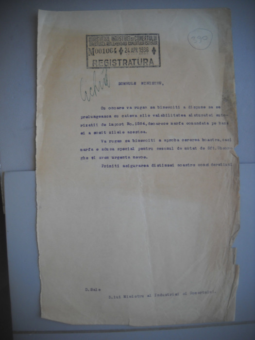 HOPCT DOCUMENT VECHI 390 MINISTERUL INDUSTRIEI COMERT EXTERIOR /BUCURESTI 1936