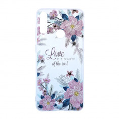 Husa Cover Silicon Fashion pentru Huawei Y6P Transparent Flori Roz