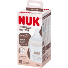 Biberon Perfect Match NUK, cu tetină S din silicon moale, 150 ml, de la 0 luni, fără BPA, Anti-Colici, cu Controlul Temperaturii, model Curcubeu