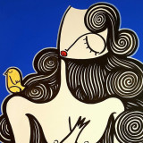 &quot;La femme avec l&#039;oiseau&quot;-Tablou-Pictura pe panza (dimensiune 70x70), Portrete, Acrilic, Impresionism, ALL