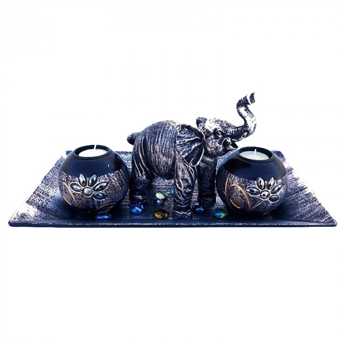 Suport lumanari, Set 2 candele din lemn, elefant si farfurie, 552GX