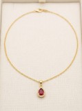 Colier din Argint 925 Placat cu Aur Galben, Pandantiv Lacrima Rosie si Halou de Cristale (2.33g, 42+3cm)