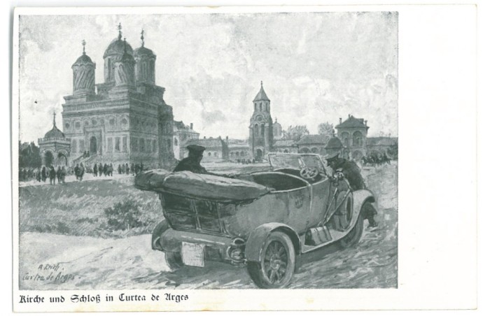 1438 - CURTEA de ARGES, old car, Monastery, Romania - old postcard - unused