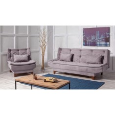 Set canapea 3 locuri extensibila si fotoliu Kelebek Gri Roz