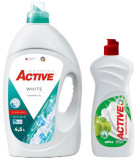 Detergent lichid pentru rufe albe Active, 4.5 litri, 90 spalari + Detergent de vase lichid Active, 0.5 litri, mar