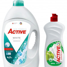 Detergent lichid pentru rufe albe Active, 4.5 litri, 90 spalari + Detergent de vase lichid Active, 0.5 litri, mar