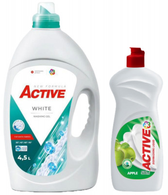 Detergent lichid pentru rufe albe Active, 4.5 litri, 90 spalari + Detergent de vase lichid Active, 0.5 litri, mar foto