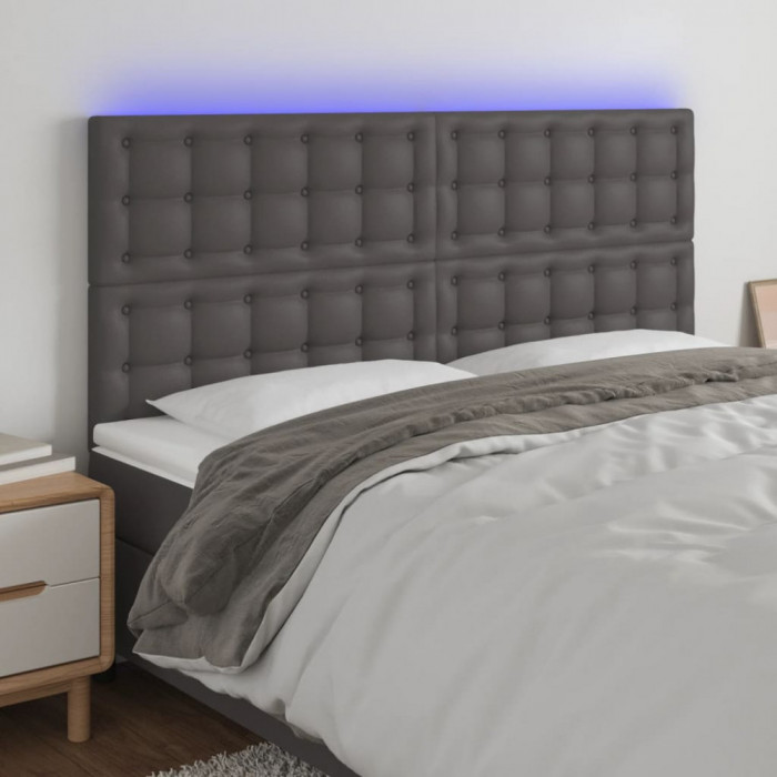 Tablie de pat cu LED, gri, 180x5x118/128 cm, piele ecologica GartenMobel Dekor