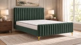 Cumpara ieftin Pat Dormitor Melissa 160x200 cm Tapitat Catifea Verde Inchis cu Somiera Inclusa si Picioare Auriu