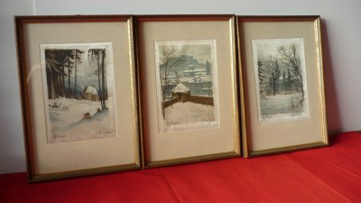 TABLOU, STAMPA IMPRIMAT PE MATASE SEMNAT, LOT 3 BUC. foto