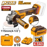 Flex unghiular INGCO CAGLI2111561E, 20V, Brushless, 115mm, 1000W, 3 trepte viteza, maner anti-vibratii, platforma P20S, 1 acumulator 4Ah, incarcator,