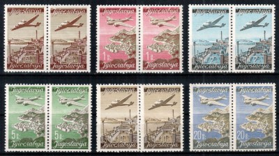 Iugoslavia Yugoslavia 1947, Mi #515-520 I+II, Posta Aeriana, avioane, perechi cu inscris latin + chirilic, MNH, cota 60 &amp;euro;! foto