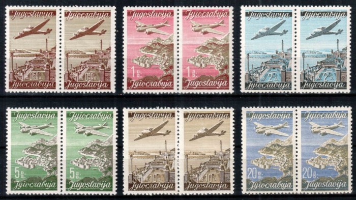 Iugoslavia Yugoslavia 1947, Mi #515-520 I+II, Posta Aeriana, avioane, perechi cu inscris latin + chirilic, MNH, cota 60 &euro;!