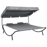 vidaXL Pat Șezlong Exterior Dublu cu Baldachin și Perne, Gri, 200x173x135cm, Poliester &amp; Oțel, Rezistent la Intemperii