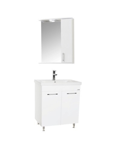 Set mobilier baie GN0541, front MDF, cu lavoar ceramic, 60 cm, 2 usi, 2 rafturi, picioare cromate reglabile, balamale soft close si oglinda cu dulap G