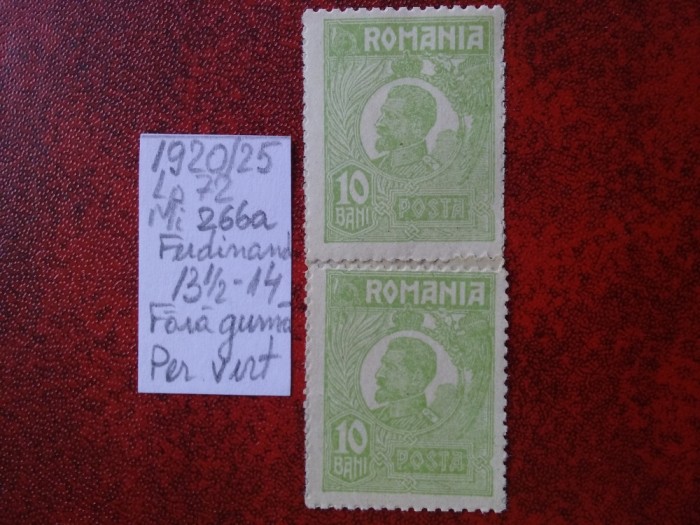 1920- Romania- Ferd. b. mic Mi266a-pereche vert.-fara guma