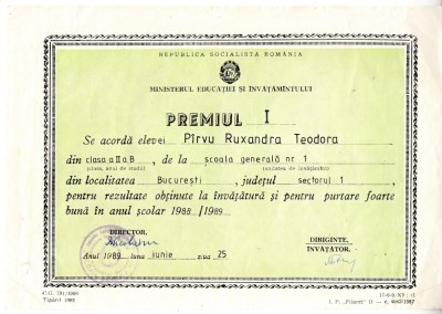 QW13 11 - 1989 - diploma - clasa 2 - Scoala generala nr 1 - Bucuresti foto