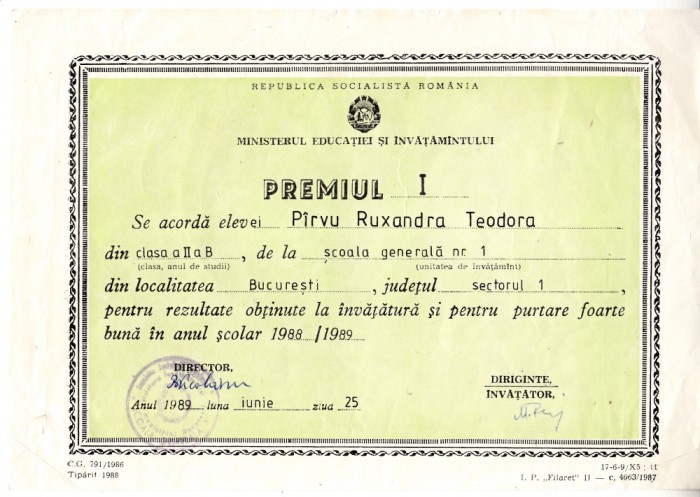 QW13 11 - 1989 - diploma - clasa 2 - Scoala generala nr 1 - Bucuresti