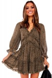 Rochie Animal Print Volane, Vaporoasă, Decupată la Spate, M&acirc;neci Lungi cu Elastic