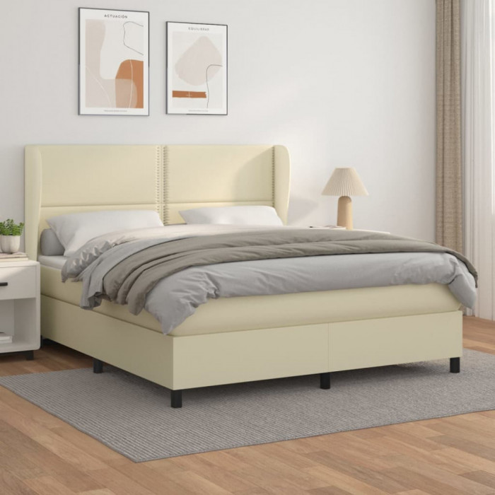 vidaXL Pat box spring cu saltea, crem, 160x200 cm, piele ecologică